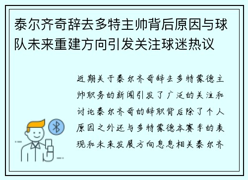 泰尔齐奇辞去多特主帅背后原因与球队未来重建方向引发关注球迷热议 泰尔齐奇辞去多特主帅背后原因与球队未来重建方向引发关注球迷热议